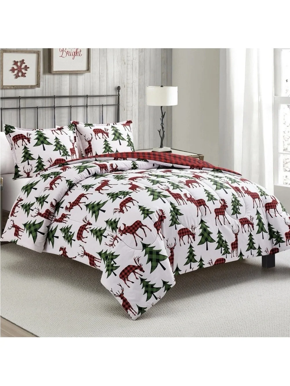 Sunham Plaid Deer Reversible King Comforter Set 3-Pc Christmas Red Green Trees